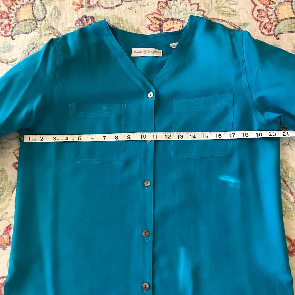 Valerie Stevens Petite Pure Silk Turquoise Blouse - Size PM - Picture 12 of 14